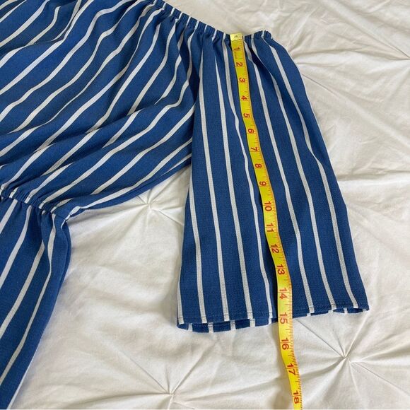 Forever 21 Romper Women M Medium Navy One-Piece Striped Off-Shoulder 3/4 Sleeve - Picture 6 of 7